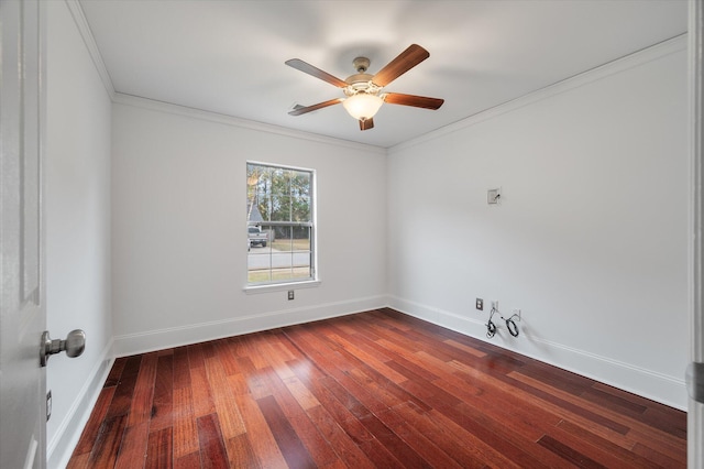 unfurnished room featuring ceiling fan, wood-type flooring, and ornamental molding