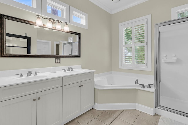 7021 Schooner St, Charleston, SC 29492 - full bath featuring double vanity, a garden tub, tile patterned flooring, ornamental molding, and a stall shower