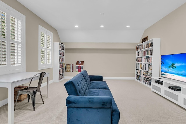 7021 Schooner St, Charleston, SC 29492 - carpeted living area featuring recessed lighting, lofted ceiling, and built in features
