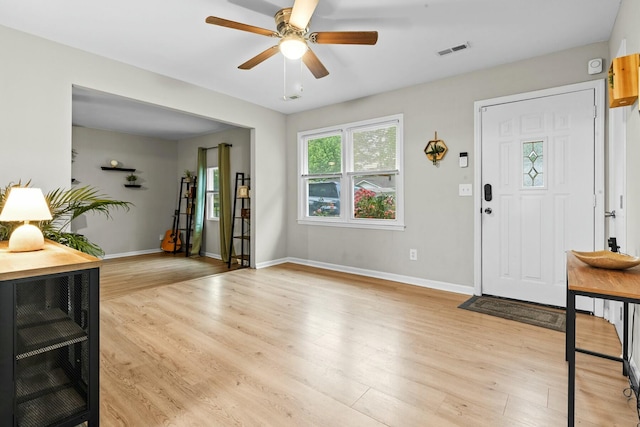 120 Lisa Dr, Summerville, SC 29485 - foyer entrance featuring ceiling fan, baseboards, visible vents, and light wood-style flooring