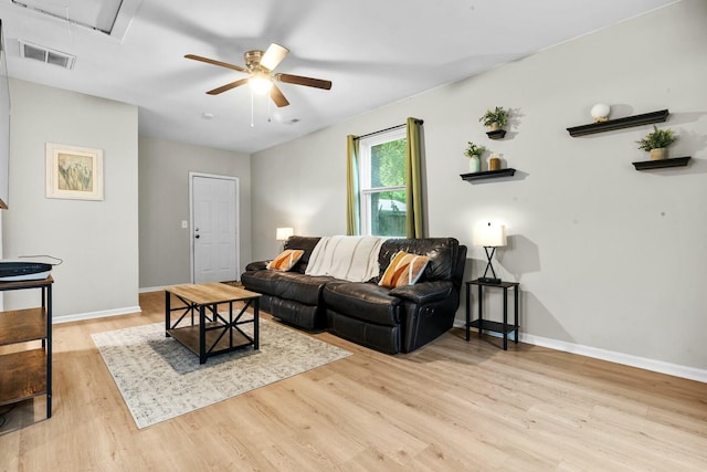 120 Lisa Dr, Summerville, SC 29485 - living room featuring attic access, baseboards, visible vents, a ceiling fan, and wood finished floors