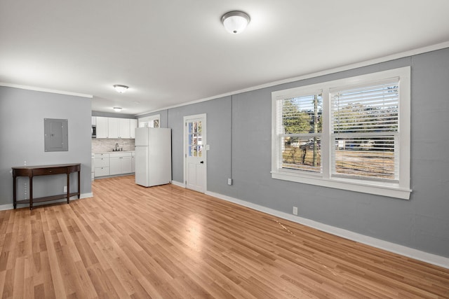 3113 Matipan Ave, North Charleston, SC 29405 - unfurnished living room with electric panel, ornamental molding, and light wood-style floors
