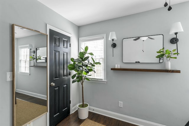 entrance foyer with dark hardwood / wood-style flooring and a healthy amount of sunlight