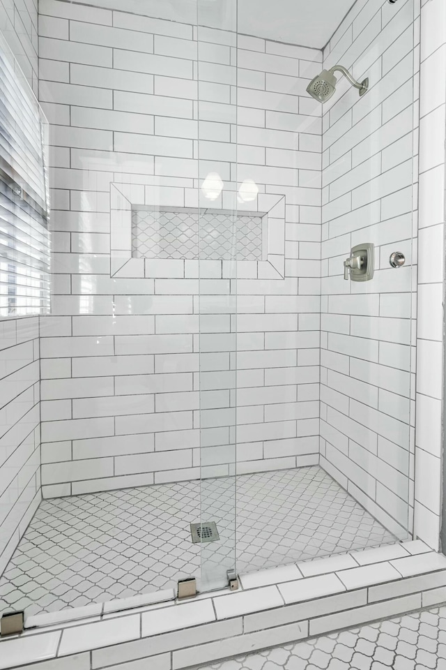 bathroom featuring a shower with shower door