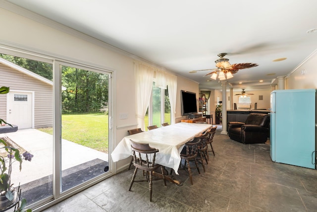 3347 Walter Dr, Johns Island, SC 29455 - dining area with a ceiling fan, ornamental molding, and stone finish flooring