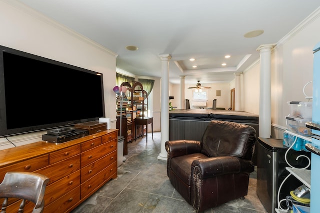3347 Walter Dr, Johns Island, SC 29455 - living area with ornate columns, ornamental molding, and a ceiling fan