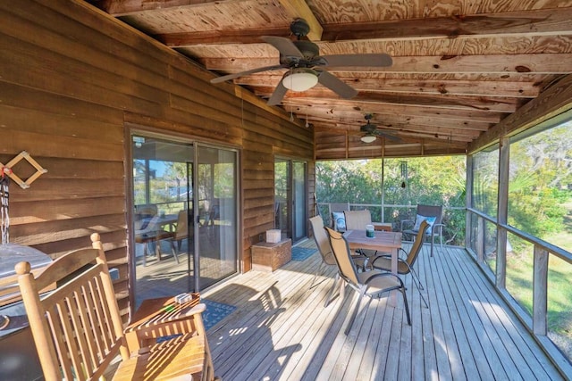 7897 Russell Creek Dr, Edisto Island, SC 29438 - wooden terrace with a ceiling fan and outdoor dining area