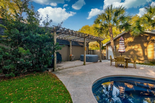 view of patio with outdoor dining area, fence, and a pergola