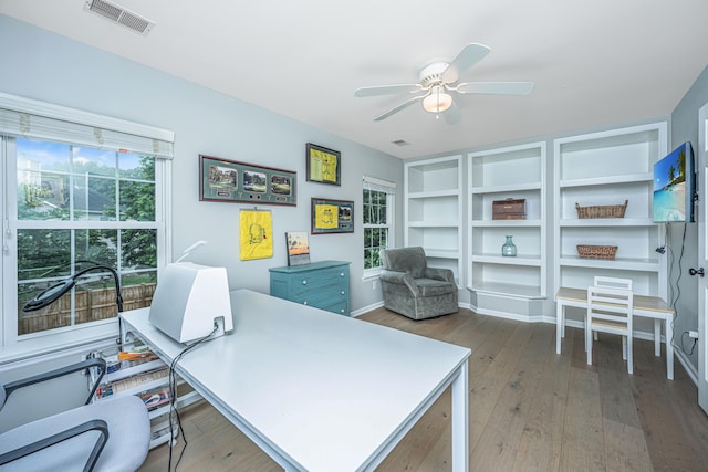 468 Maple Oak Ln, Charleston, SC 29414 - office featuring hardwood / wood-style floors, a ceiling fan, and built in shelves