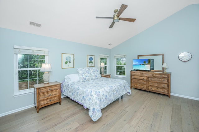 468 Maple Oak Ln, Charleston, SC 29414 - bedroom featuring light wood-type flooring, high vaulted ceiling, and a ceiling fan
