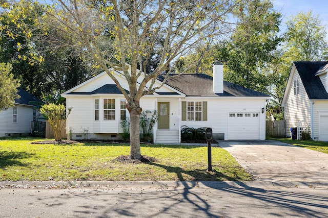 ranch-style home featuring a garage, concrete driveway, a chimney, and a front lawn