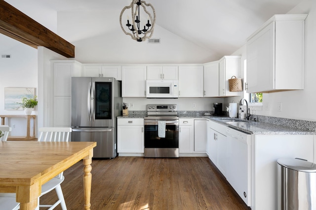 kitchen with stainless steel appliances, visible vents, lofted ceiling with beams, white cabinets, and a sink