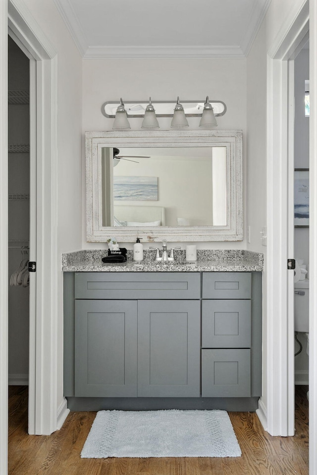 bathroom with baseboards, wood finished floors, vanity, and crown molding