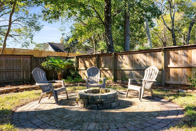 view of patio featuring a fenced backyard and a fire pit