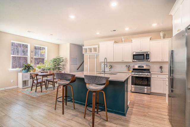 kitchen featuring light wood finished floors, an island with sink, decorative backsplash, appliances with stainless steel finishes, and a sink