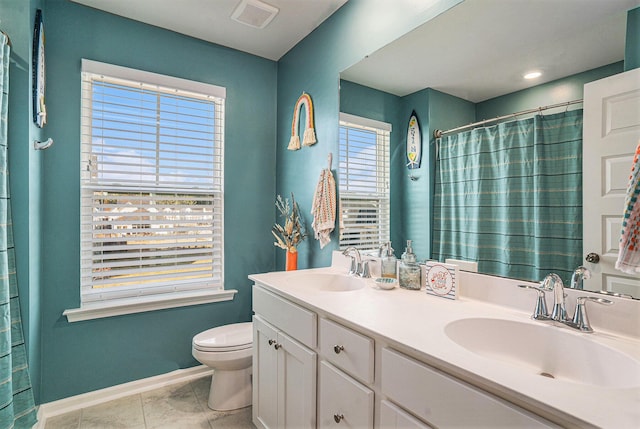 full bath featuring tile patterned floors, visible vents, toilet, and a sink