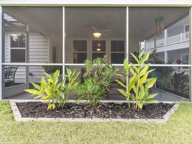 doorway to property with ceiling fan