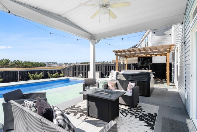 view of pool with a patio area, a fenced in pool, a hot tub, and a fenced backyard