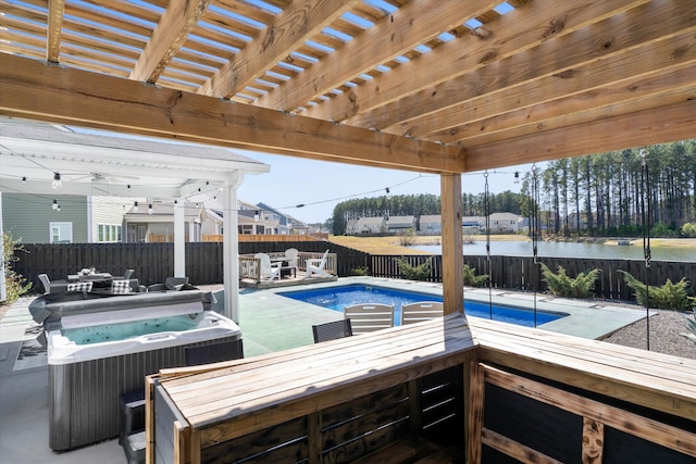 view of swimming pool featuring a fenced backyard, a hot tub, a patio, and a pergola