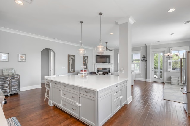 1722 Trewin Ct, Charleston, SC 29492 - kitchen with a ceiling fan, open floor plan, arched walkways, ornamental molding, and light countertops