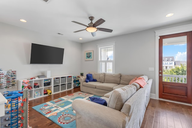 1722 Trewin Ct, Charleston, SC 29492 - living room with wood finished floors, ceiling fan, and recessed lighting
