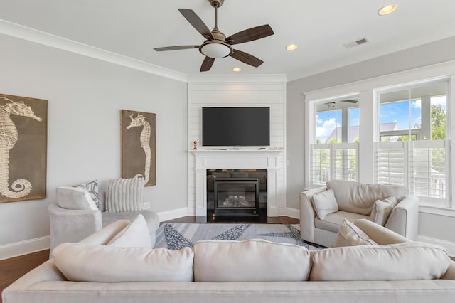 1722 Trewin Ct, Charleston, SC 29492 - living room featuring wood finished floors, recessed lighting, a ceiling fan, and a large fireplace