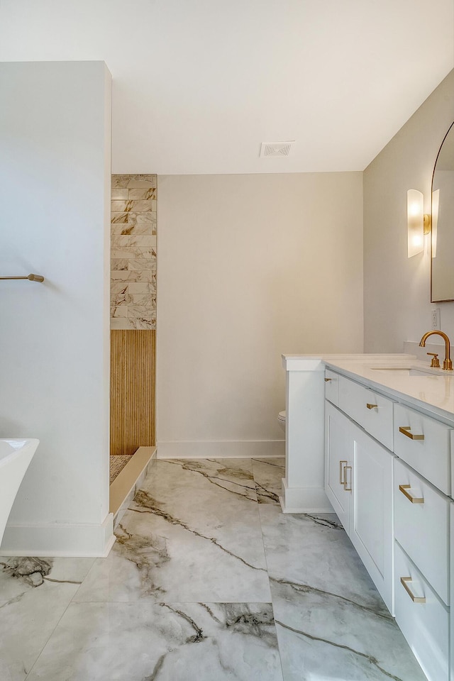 bathroom featuring a shower, vanity, and toilet