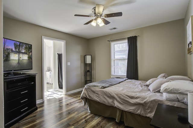 bedroom featuring dark wood-type flooring and ceiling fan