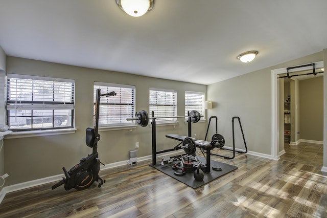 workout area featuring hardwood / wood-style flooring