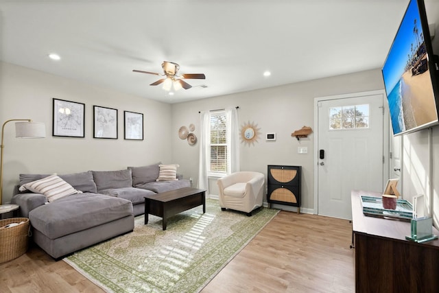 living room with ceiling fan and light hardwood / wood-style floors