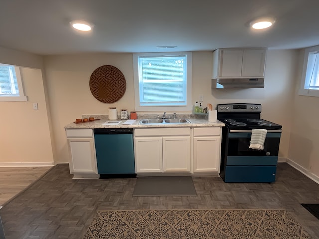 kitchen featuring white cabinetry, black electric range, stainless steel dishwasher, and sink