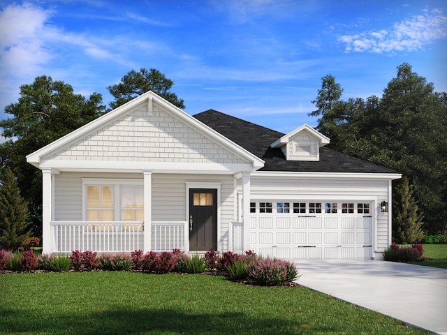 view of front facade with a front lawn, covered porch, and a garage