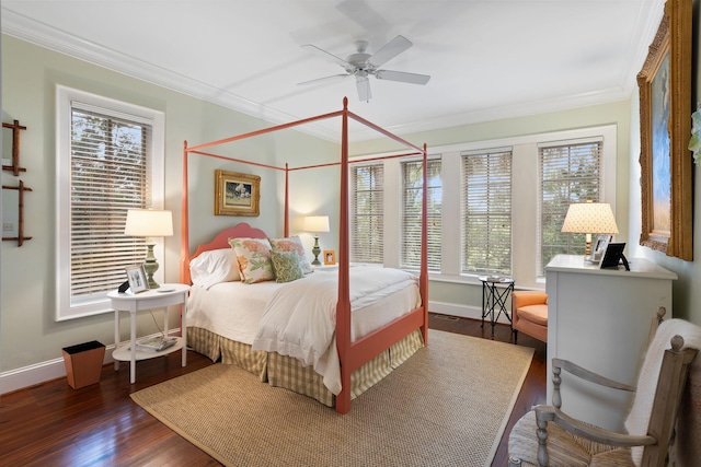 bedroom with ornamental molding, dark hardwood / wood-style floors, and ceiling fan