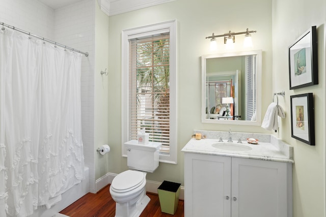 full bathroom featuring vanity, plenty of natural light, shower / bath combination with curtain, and toilet