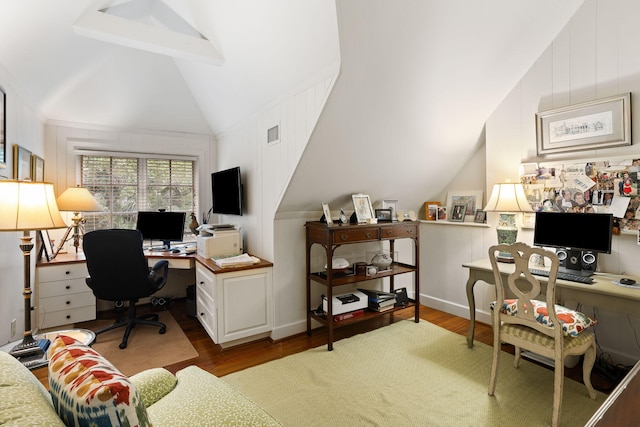 office area featuring vaulted ceiling with beams and wood-type flooring