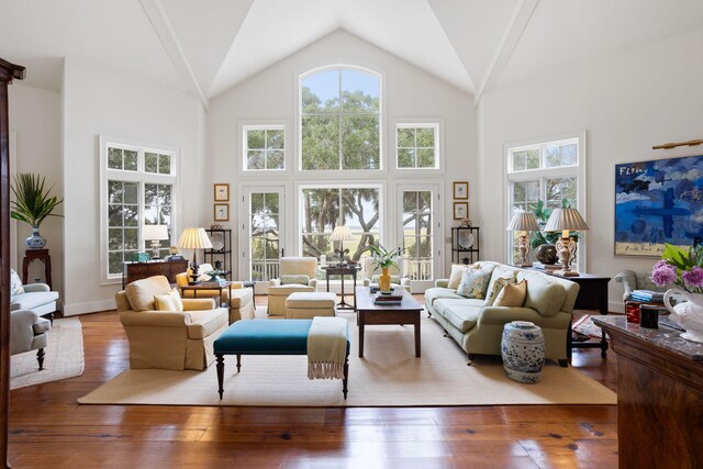 living room with hardwood / wood-style floors and high vaulted ceiling