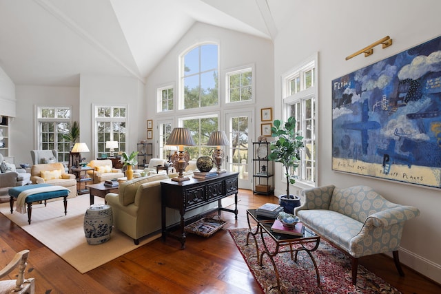 living room featuring hardwood / wood-style flooring and high vaulted ceiling