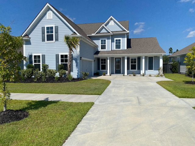 view of front of home with a front yard and a garage