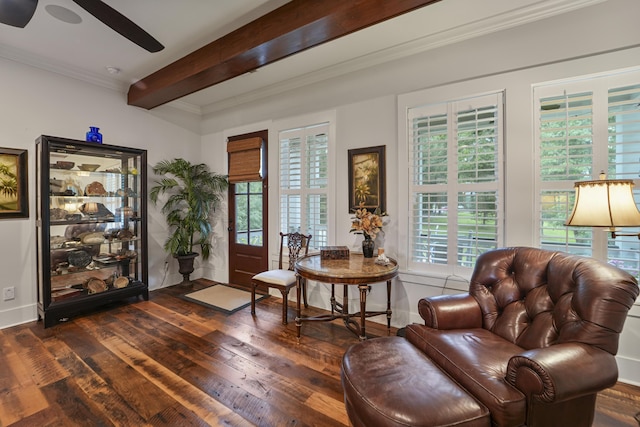 1193 River Rd, Johns Island, SC 29455 - sitting room featuring dark wood-style floors, baseboards, beamed ceiling, ceiling fan, and ornamental molding
