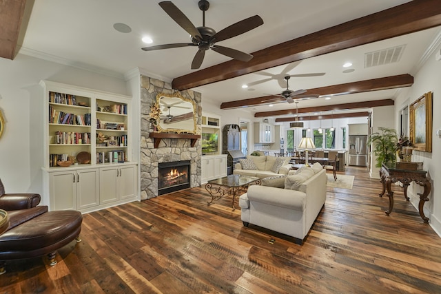 1193 River Rd, Johns Island, SC 29455 - living area with a ceiling fan, dark wood-type flooring, a fireplace, recessed lighting, and crown molding