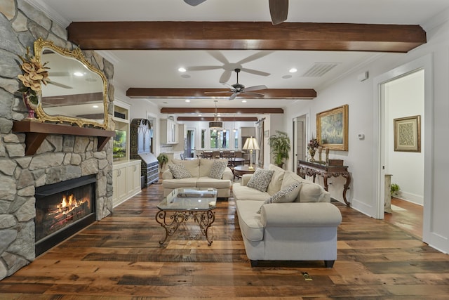 1193 River Rd, Johns Island, SC 29455 - living room with a ceiling fan, hardwood / wood-style flooring, beamed ceiling, a stone fireplace, and recessed lighting
