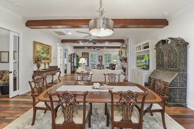 1193 River Rd, Johns Island, SC 29455 - dining room featuring beam ceiling, crown molding, ceiling fan, baseboards, and wood finished floors