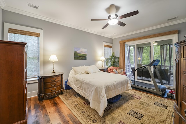 1193 River Rd, Johns Island, SC 29455 - bedroom featuring access to exterior, dark wood-style flooring, crown molding, baseboards, and a ceiling fan