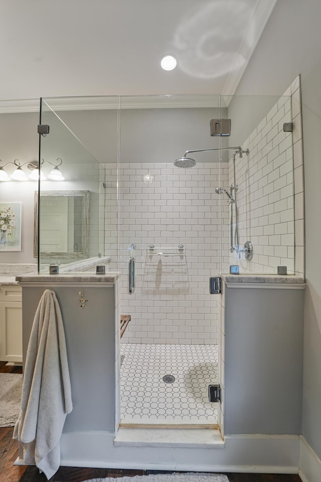 1193 River Rd, Johns Island, SC 29455 - bathroom with a shower stall, vanity, and ornamental molding