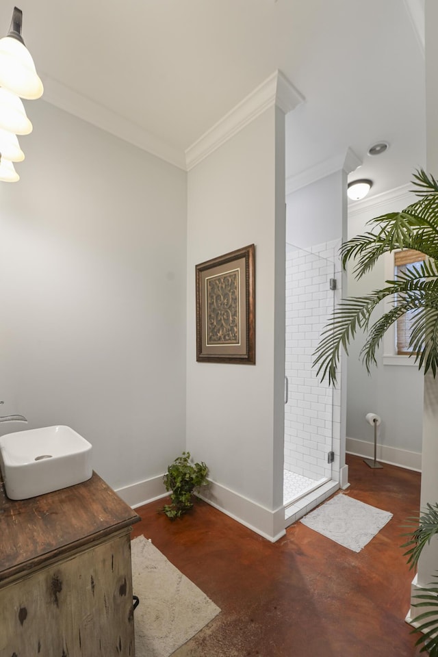 1193 River Rd, Johns Island, SC 29455 - bathroom with a stall shower, ornamental molding, baseboards, and vanity