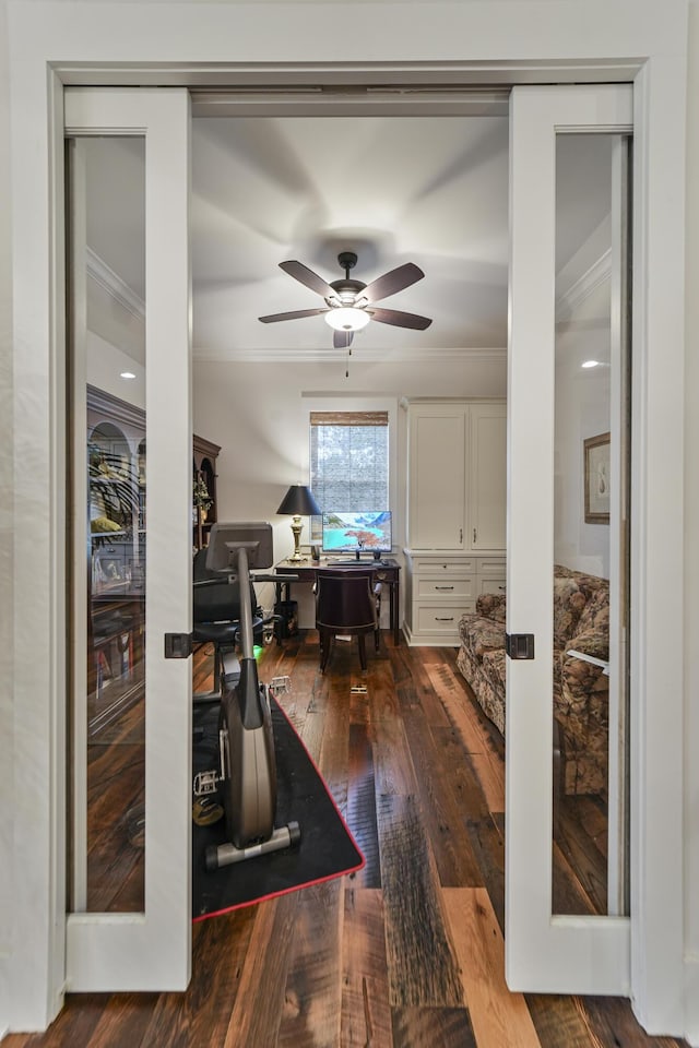 1193 River Rd, Johns Island, SC 29455 - home office featuring ornamental molding, a ceiling fan, and dark wood-type flooring