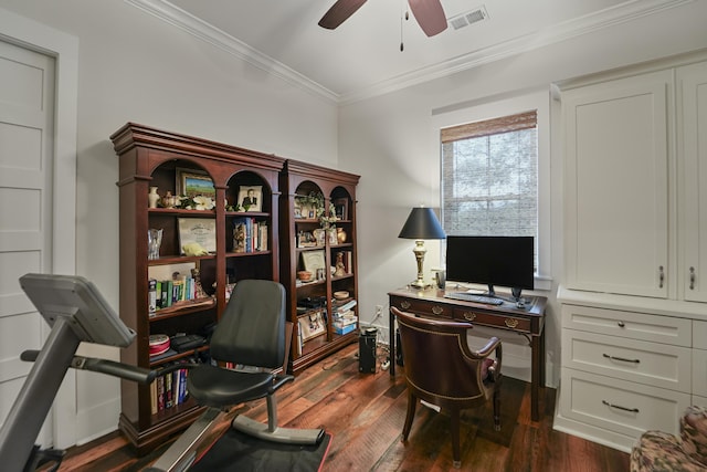 1193 River Rd, Johns Island, SC 29455 - home office with ceiling fan, crown molding, and dark wood-style floors