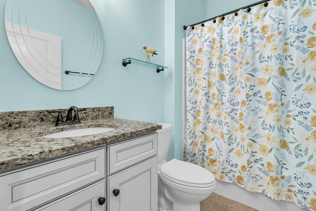 bathroom with walk in shower, vanity, toilet, and tile patterned floors