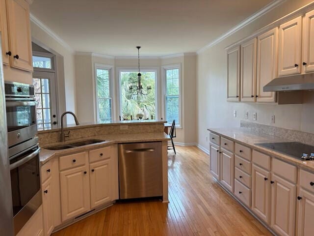kitchen with appliances with stainless steel finishes, a sink, light wood-style floors, a chandelier, and under cabinet range hood