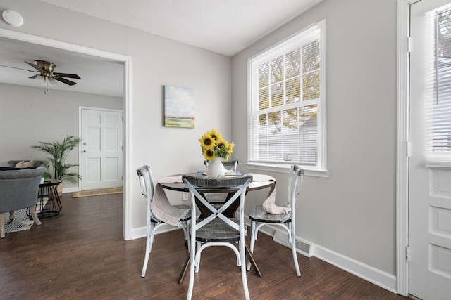 dining room with ceiling fan, a textured ceiling, and dark hardwood / wood-style flooring